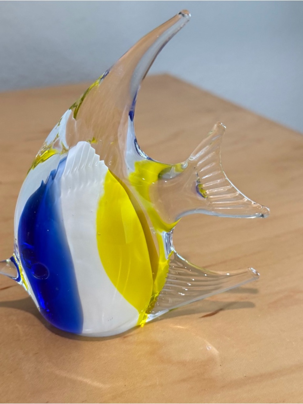 Hand Blown Art Glass Fish Figurine 4.5” Blue Yellow White Murano Style Coastal